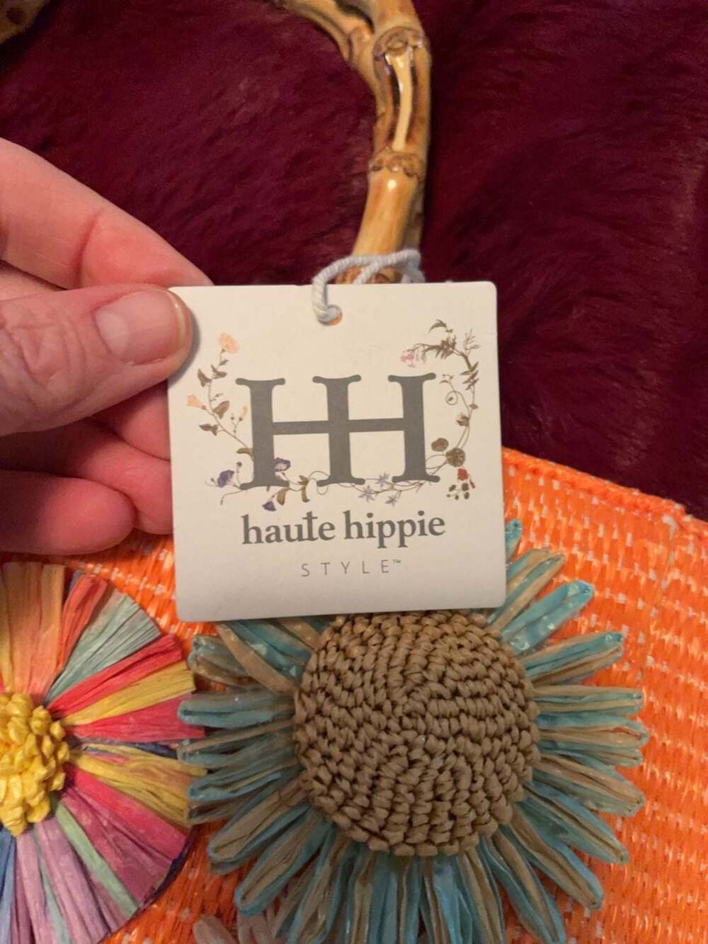 Haute Hippie Style Orange Woven Straw Floral Tote Bag A470 - Picture 3 of 10